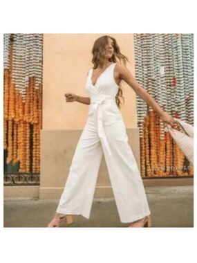 Anthropologie Chino White Scalloped Wide Leg Jumpsuit Sz 0